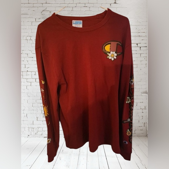 Champion Long Sleeve Top Medium NWT Boho Retro Vibes + Patterned Sleeves - Picture 1 of 6